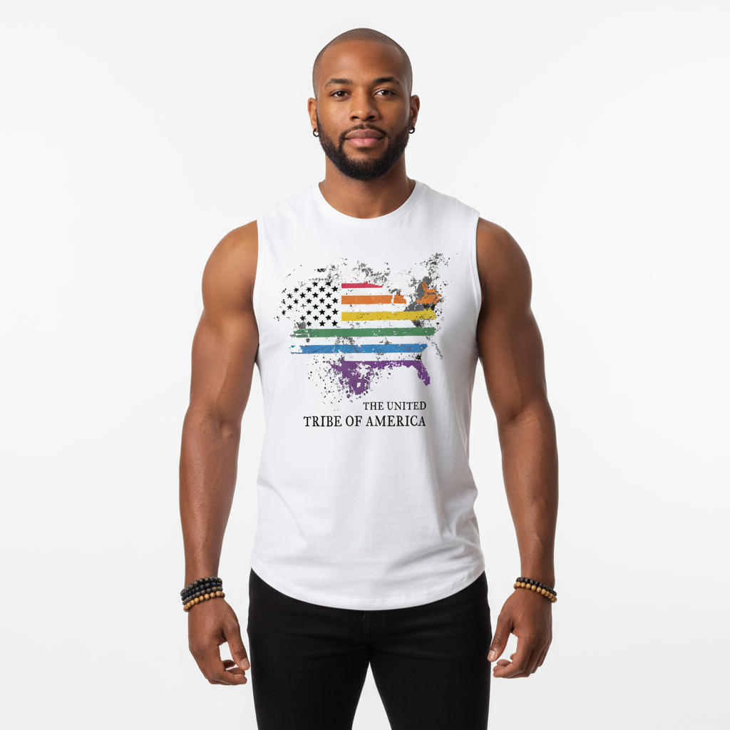 The United Tribe Of America - White Jersey Muscle Tank! Distressed Pride American Flag
