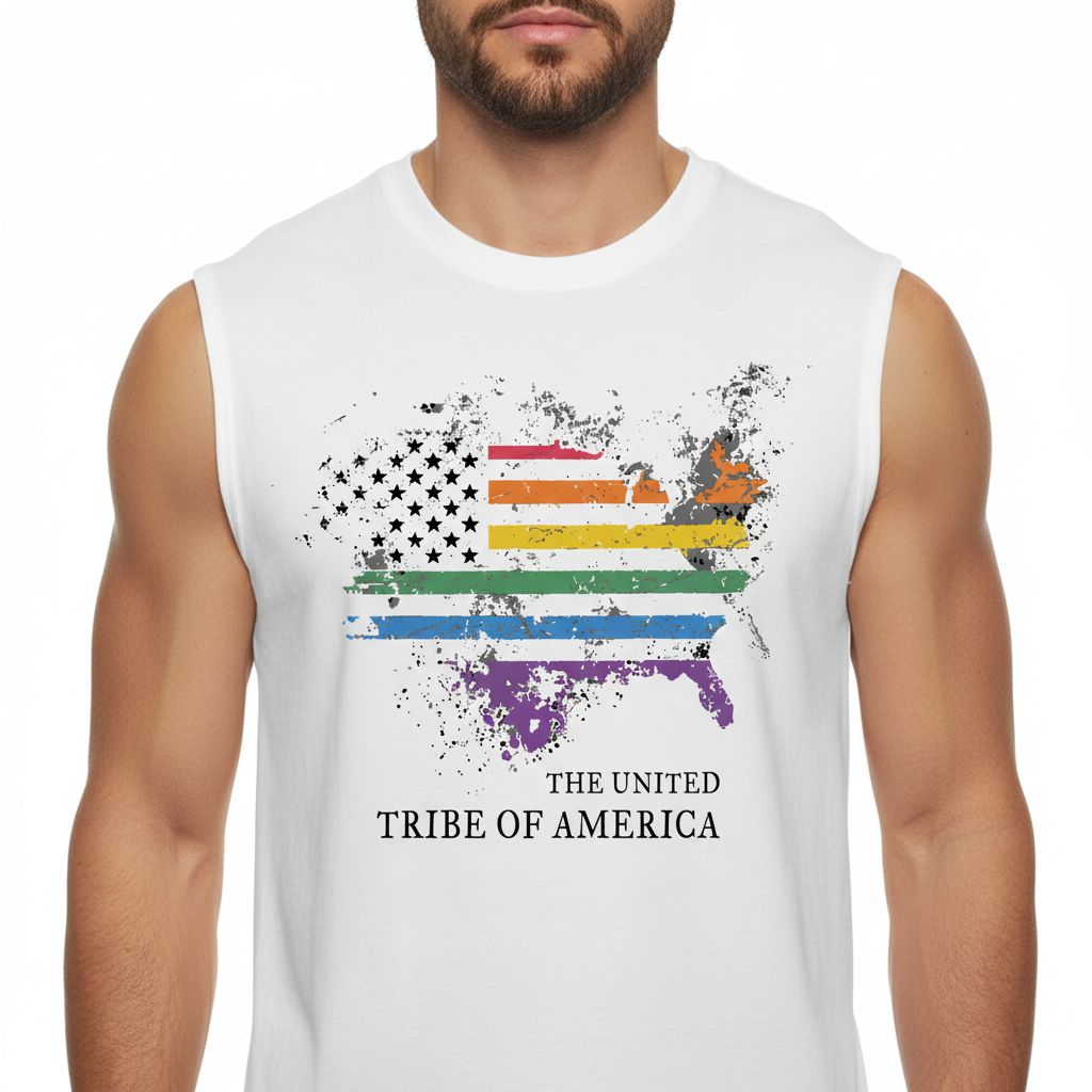 The United Tribe Of America - White Jersey Muscle Tank! Distressed Pride American Flag